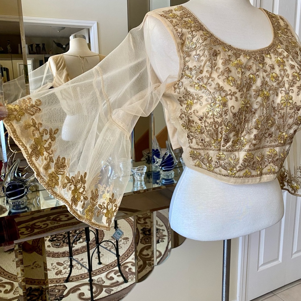 Elegant Gold Embroidered saree sari blouse crop top